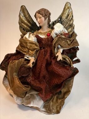 Vintage Angel Tree Topper 8” Paper Mache Fabric Plug-In Light Christmas Decor